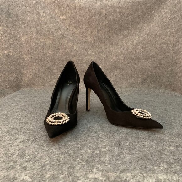Zara Women Black Suede Pointed Toe Heel with Front Rhinestones Pump Shoes - Picture 3 of 11